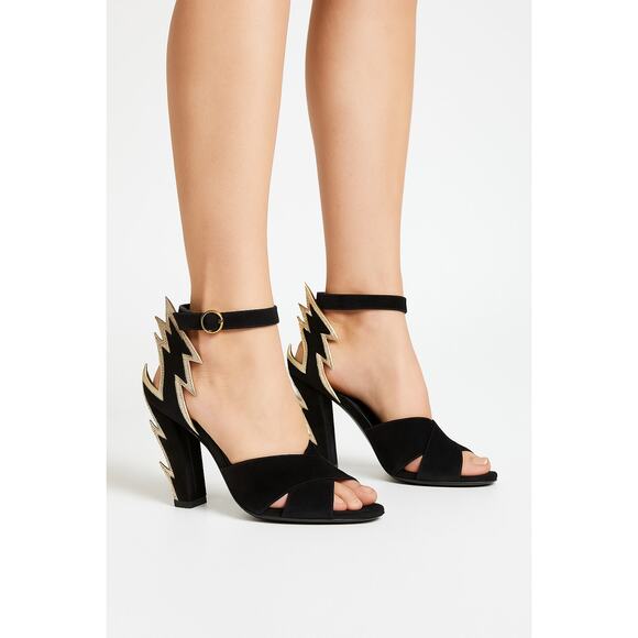 Prada Black Suede Gold Leather Flame Thunderbolt Block Heel Sandals Size 37.5 - Picture 1 of 9